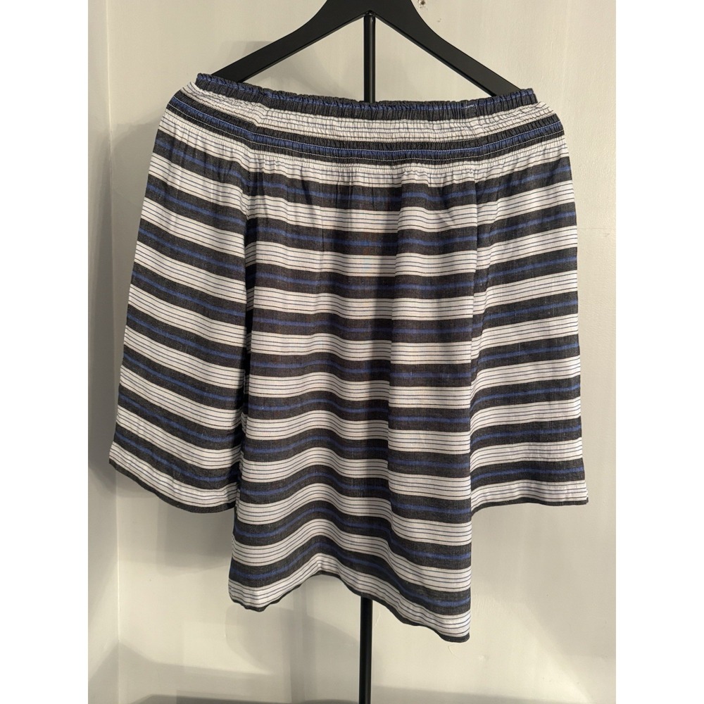 J Jill Linen Blend Peasant Top Off Shoulder Smocked Neck Blue White XS